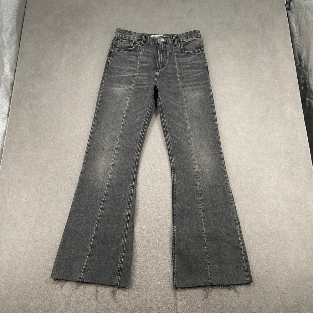 Zara Womens High Waisted Flared Jeans Washed‎ Black Y2K Seam Detail Size 30